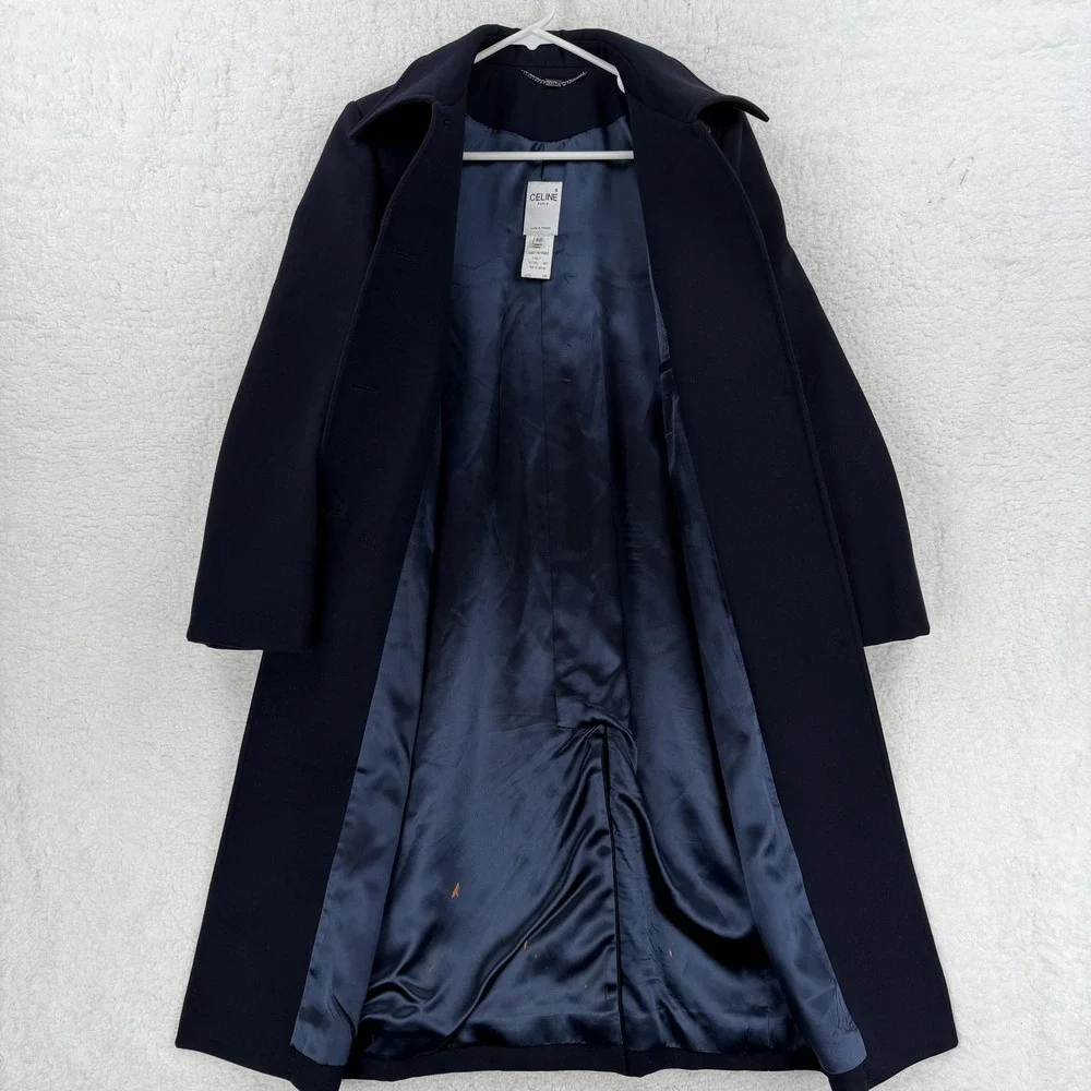 Celine Coat Womens 40‎ Blue Wool Twill Long Single Breasted Overcoat Made France